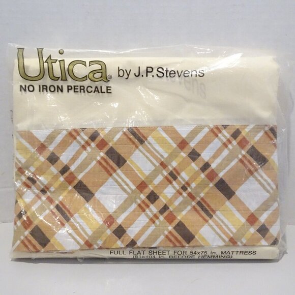 Vintage Utica JP Stevens Brown Tan Plaid Full Flat Sheet NOS Made in USA - Picture 1 of 4